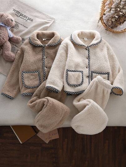 Back To School Fashion  Young Girl' Light Apricot Plush Checkered Trim Pocket Long Sleeve Cardigan And Matching Pants Set, Loungewear Girls Winter Set Fall