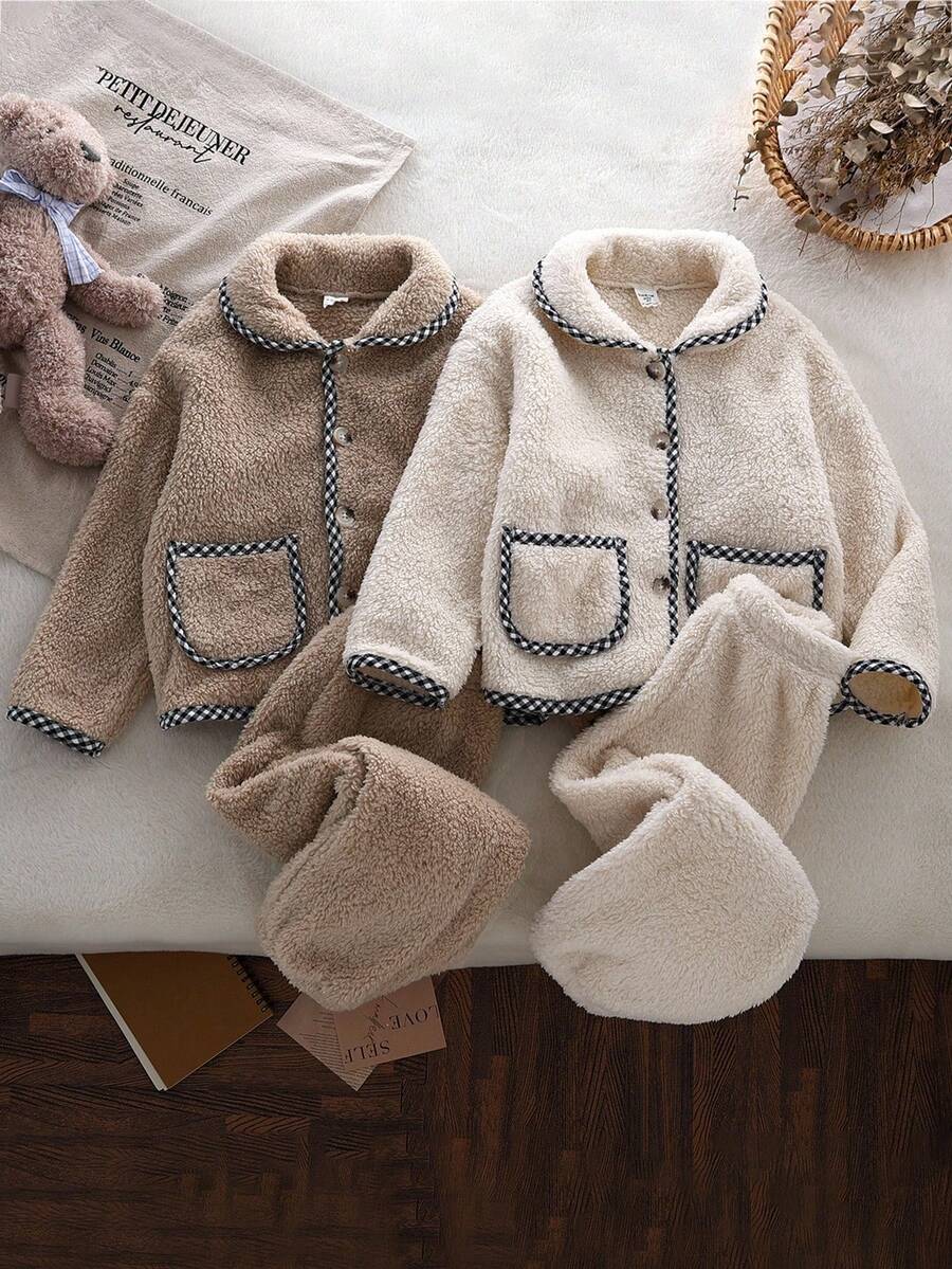 Genkimix Kids Back To School Fashion  Young Girl' Light Apricot Plush Checkered Trim Pocket Long Sleeve Cardigan And Matching Pants Set, Loungewear Girls Winter Set Fall