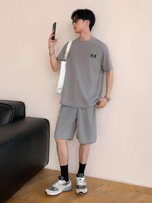 SHEIN Mirajuku Teen Boy Texture Waffle Grid Fabric Solid Color Short Sleeve Top And Shorts 2pcs Set, School, Campus, College - Grey - View 3