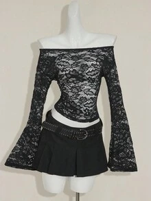 SHEIN ICON Sexy & Fashionable Off Shoulder Lace Long Sleeve Sheer Blouse,Black Tops - Black - View 3