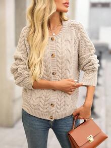 EMERY ROSE Women's Casual Solid Color Button Front Cardigan, Autumn/Winter Fall For Women Winter For Women Women's Winter Sweater Going Out - Khaki - View 8