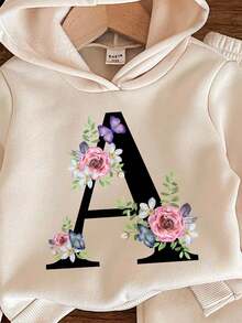 SHEIN Leap Crew 复古植物花卉印花针织柔软连帽衫和裤子套装，适合秋冬季，适合花童、女婴