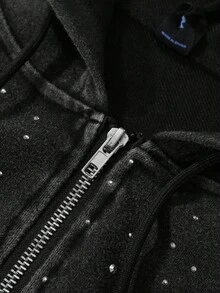 ROMWE MEN Street Life Unisex Rhinestone Zipper Hoodie Sweatshirt, Street Style American Design , Fall - Black - View 6