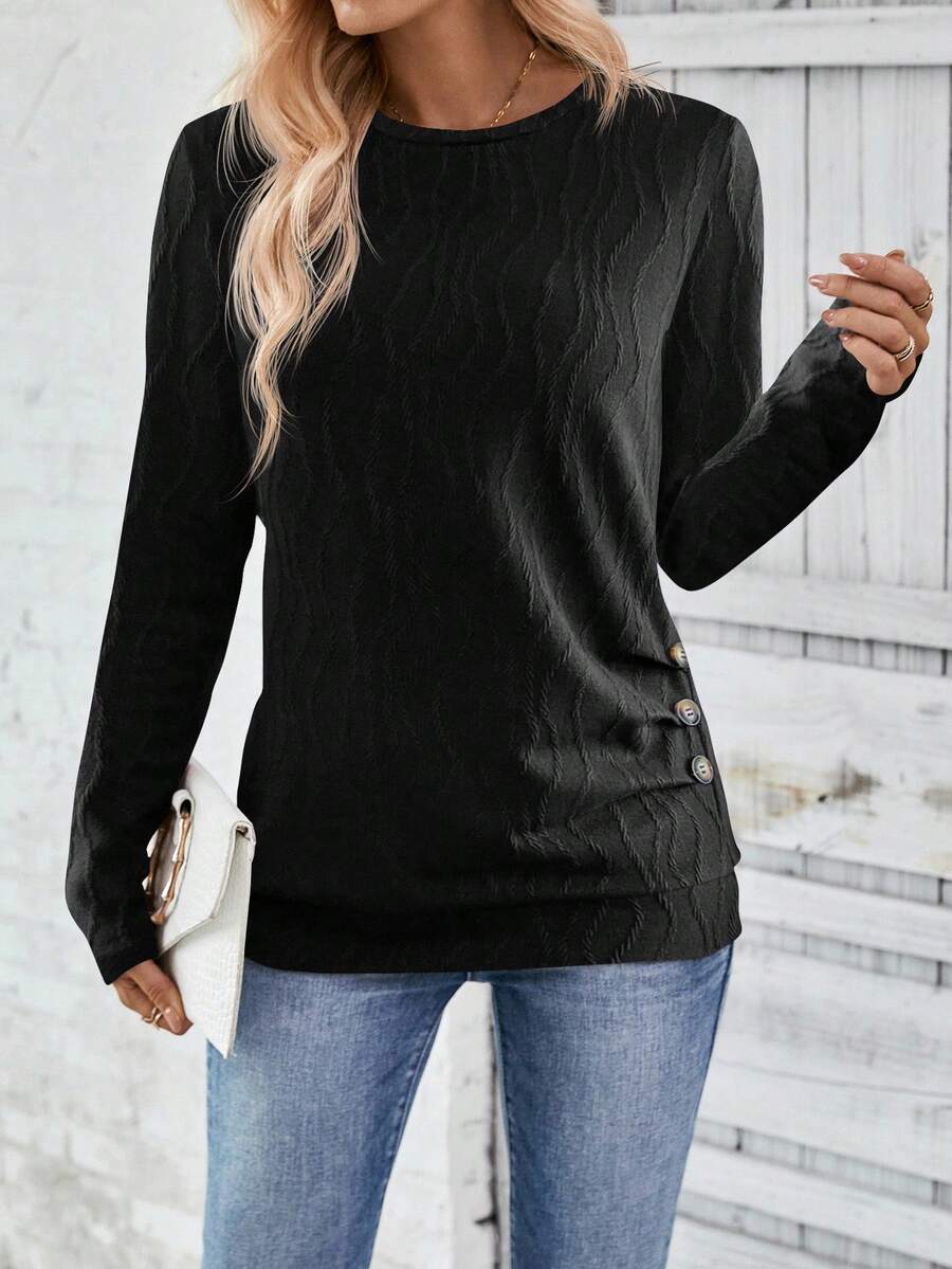 EMERY ROSE 女式休闲纯色纹理纽扣装饰T恤，秋季 - 黑色 - 查看 1