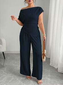 Elenzga Femei Plus Size Casual Culoare Solidă Țesute Oblique Umăr Plisat Talie Asimetrică Tiv Mânecă Scurt Pantaloni Drepți Set 2 Piese - Albastru regal - Vizualizare 4