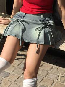 SHEIN ICON 女式百搭修身蝴蝶结细肩带A字迷你裙短裤 - 淺色水洗藍 - 查看 3