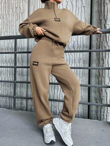 SHEIN Cottnline Cotton Letter Patched Drop Shoulder Half Zip Sweatshirt & Sweatpants - Apricot - View 5