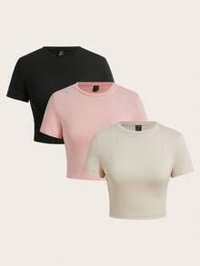 SHEIN EZwear 3 件套女式圆领短袖修身 T 恤，适合夏季外出，黑色、粉色和奶油黄色，95% 纯棉，复古，可爱的夏季上衣，柔软女孩，夏季外出单品，居家，返校，秋季女装，百搭，俱乐部，派对 - 彩色 - 查看 12