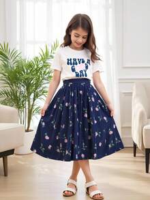 Tween Girl Slogan Graphic Tee & Floral Print Pleated Skirt - Blue and White - View 10