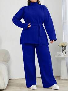 EURMUSE 纯色高领休闲毛衣 2件套 - 寶藍色 - 查看 3