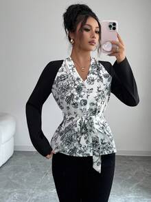 Elenzga Women's Elegant Floral Print Patchwork Black Raglan Sleeve Deep V-Neck Belted Fitted Blouse, Spring/Autumn Fall Cloth For Women - Black and White - View 1