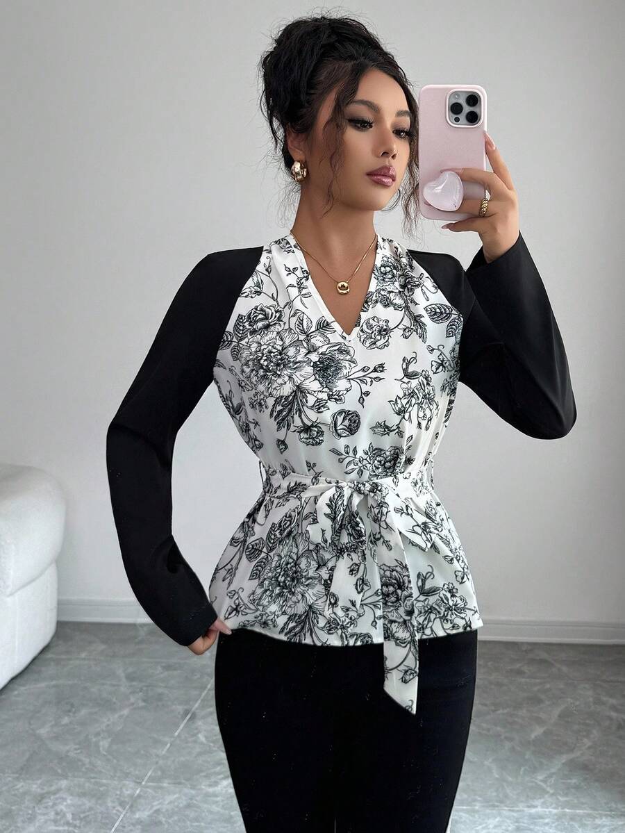 Elenzga Women's Elegant Floral Print Patchwork Black Raglan Sleeve Deep V-Neck Belted Fitted Blouse, Spring/Autumn Fall Cloth For Women - Black and White - View 1