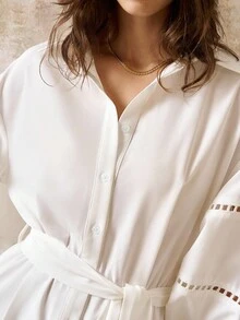 Cévolie 女装春秋新款波西米亚碎花拼接灯笼袖衬衫领阔腿宽松连体裤 - 白色 - 查看 6