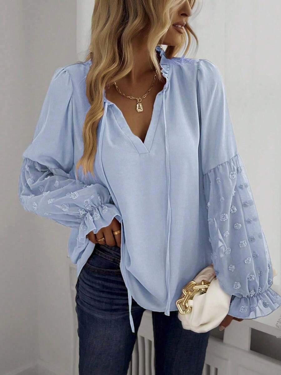 EMERY ROSE Frill Trim V-Neck Puff Sleeve Embroidered Chiffon Blouse Fall Cloth For Women Swiss Dot Blouse Puff Sleeve Blouse Baby Blue Top Lantern Sleeve Blouse Light Blue Blouse - Baby Blue - View 1