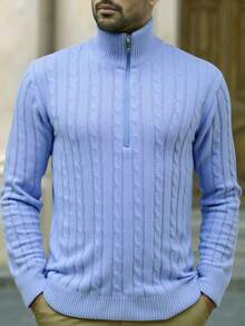 Manfinity Homme Plus Size Men's Solid Color Half Zip Cable Knit Turtleneck Sweater, Fall Winter, Long Sleeve Top - Baby Blue - View 4