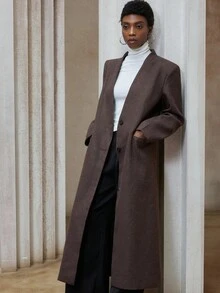 Aveloria Modichic Women's Autumn/Winter Stand Collar V-Neck Long Sleeve Loose Single-Breasted Long Coat - Coffee Brown - View 5