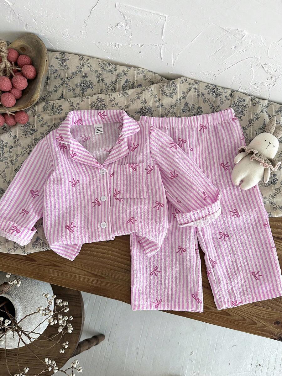 SHEIN 女婴幼儿新生儿0-3岁秋冬条纹蝴蝶结长袖衬衫休闲套装，适合居家和户外 - 粉色 - 查看 1