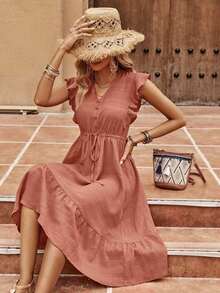 SHEIN Clasi Women's Flounce Sleeve Drawstring Waist Dress - Rust Brown - View 1