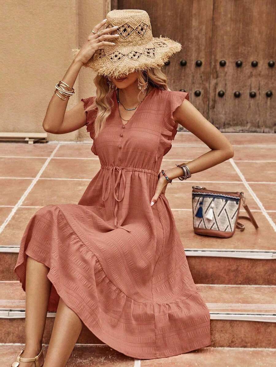 SHEIN Clasi Women's Flounce Sleeve Drawstring Waist Dress - Rust Brown - View 1
