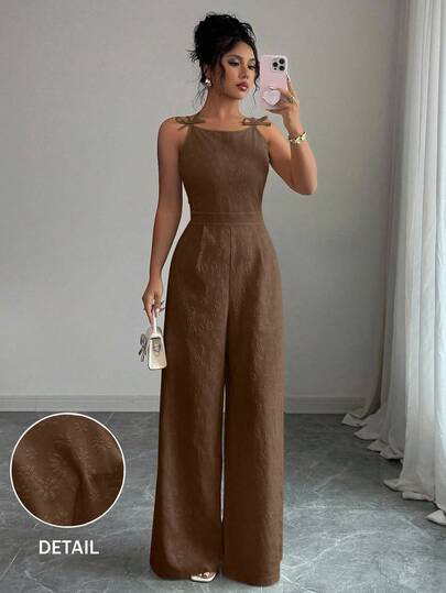 Elenzga Women's Elegant Jumpsuit With Shoulder Bow Decor, Jacquard Fabric, Cinched Waist, Wide Leg, Suitable For Daily Commute