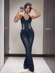 Jeanoix 牛仔紧身喇叭腿连体裤 - 深色水洗藍 - 查看 6