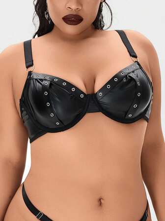 Grunge Punk Sujetador bandeau de talla grande estilo punk oscuro con ojales, anillos de acero y tirantes invisibles