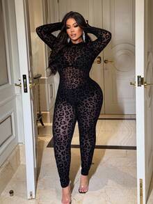 NU&NOW 大码时尚性感豹纹连体裤 - 黑色 - 查看 2