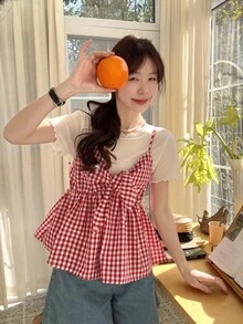 DAZY 2 件套女式格子休闲扭纹荷叶边吊带衬衫套装秋冬