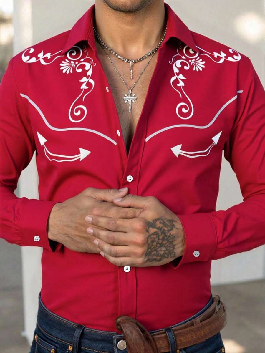 Manfinity RSRT Men's Western Style Floral Print Long Sleeve Single-Breasted Shirt Men Cowboy Shirts Cowboy Shirt Western Shirt Rodeo Shirt Men Western Shirts - Red - View 1