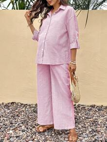 SHEIN 秋装，秋季服装，孕妇装秋冬装条纹袖口衬衫和可调节腰部阔腿裤宽松孕妇两件套孕妇装两件套装棉质两件套夏季裤子套装两件亚麻套装女士阔腿裤套装 - 紅白色 - 查看 2