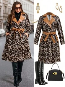 Ellevyn Abrigo para mujer talla grande, elegante abrigo de cuero sintético con estampado de leopardo y cuello de color contrastante, abrigo midi con cinturón para otoño e invierno para mujeres - Multicolor - Ver 2