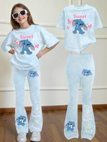 女童数码扎染休闲时尚创意卡通可爱蓝色兔子花朵造型情书标语图案印花休闲风基础款圆领短袖加大码蓝色扎染数码印花喇叭裤两件套 - 彩色 - 查看 1