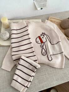 SHEIN 2pcs/Set Young Boy Casual Cat Graphic Round Neck Long Sleeve Top And Striped Print Pants Knit Sweater Outfit Fall Winter - Multicolor - View 2