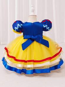 Glamorique Kids Váy công chúa vải tuyn cho bé gái, váy dự tiệc sinh nhật, váy tutu tay bồng viền vàng satin xanh navy cho bé gái, váy dễ thương cho biểu diễn sân khấu - Màu vàng - Xem 3