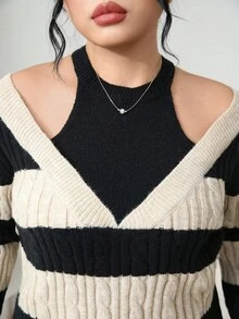 Modelyn 大码女式条纹扭纹长袖毛衣，秋冬时尚 - 彩色 - 查看 6