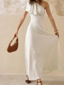 INAWLY Váy chấm bi dài vừa phải cho nữ, vai lệch, ôm sát, gợi cảm và thanh lịch - Màu be - Xem 6