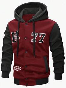 Manfinity Campus Court Aesthetic Post--Men's Autumn Letter Print Contrast Color Single-Breasted Drawstring Hooded Long Sleeve Jacket - Burgundy - View 1