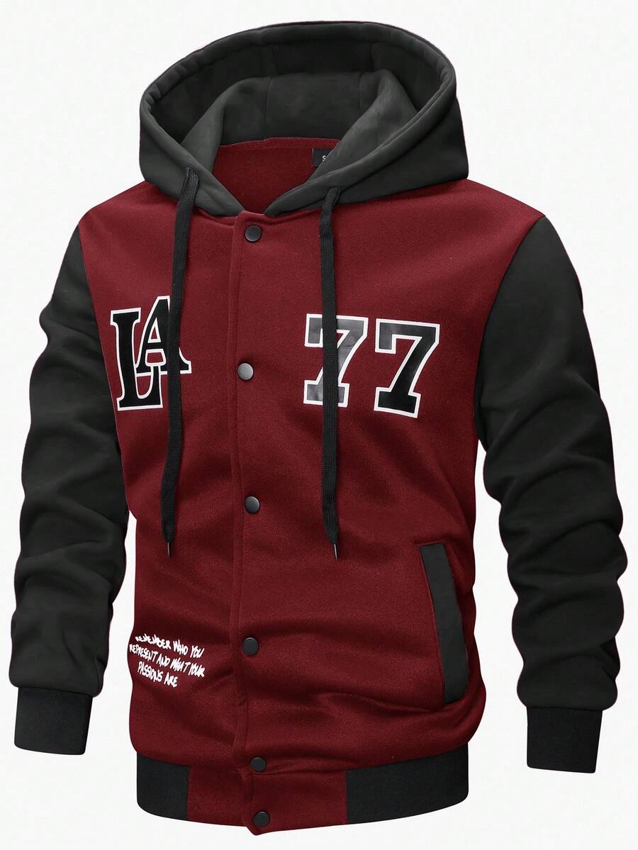 Manfinity Campus Court Aesthetic Post--Men's Autumn Letter Print Contrast Color Single-Breasted Drawstring Hooded Long Sleeve Jacket - Burgundy - View 1