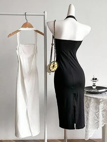Teen GirlSimple Plain Sleeveless Bodycon Dress For Everyday Wear - Black and White - View 2