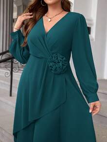 SHEIN Ellevyn Plus Size Chiffon Long Sleeve 2 Pieces Set, Autumn/Winter - Teal Blue - View 5