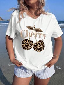 Veykashi 加大码豹纹和樱桃图案圆领短袖宽松T恤，加大码，略显透明，夏季