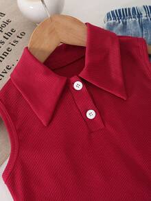 Elladie kids 女童休闲时尚日常 POLO 领无袖修身酒红色背心和松紧腰直筒樱桃刺绣牛仔裤套装 - 酒紅色 - 查看 3