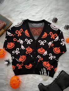 Whyspr Halloween Plus Size Women Pumpkin & Bow Jacquard Knitted Sweater, Cute Black And White Autumn Fashionable Versatile Round Neck Knits Sweatshirt - Multicolor - View 5
