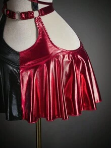 SHEIN ICON Váy mini hở lưng phối màu gợi cảm thời trang - Đỏ và đen - Xem 6