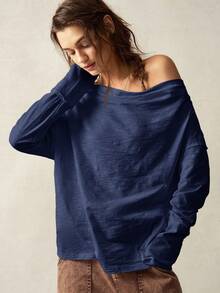 Bohemela Plus Size Off-Shoulder Loose Casual Homewear T-Shirt/Fall/Winter - Navy Blue - View 6