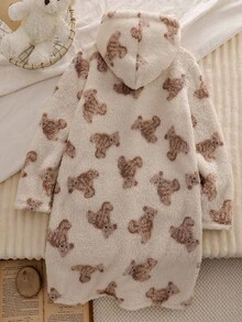 女童泰迪熊图案连帽长款家居服