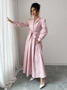 SHEIN Elenzya 提花提花束腰前开襟公主线法式优雅精致长袖 A 字型修身百搭中长连衣裙 - 粉色 - 查看 3
