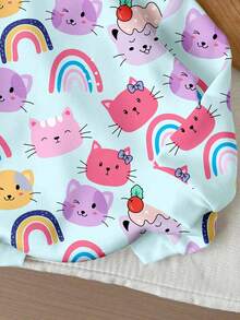 SHEIN Happikins Kitty, Cartoon, Blue And Pink, Rainbow, Young Girls Casual Loose Fit Comfortable Hooded Long Sleeve Knit Sweatshirt, Suitable For Autumn/Winter Cute Sweatshirt Cute Tops Girls Cat Clothes Cute Hoodies Girls Cartoon Jackets Fall - Multicolor - View 4