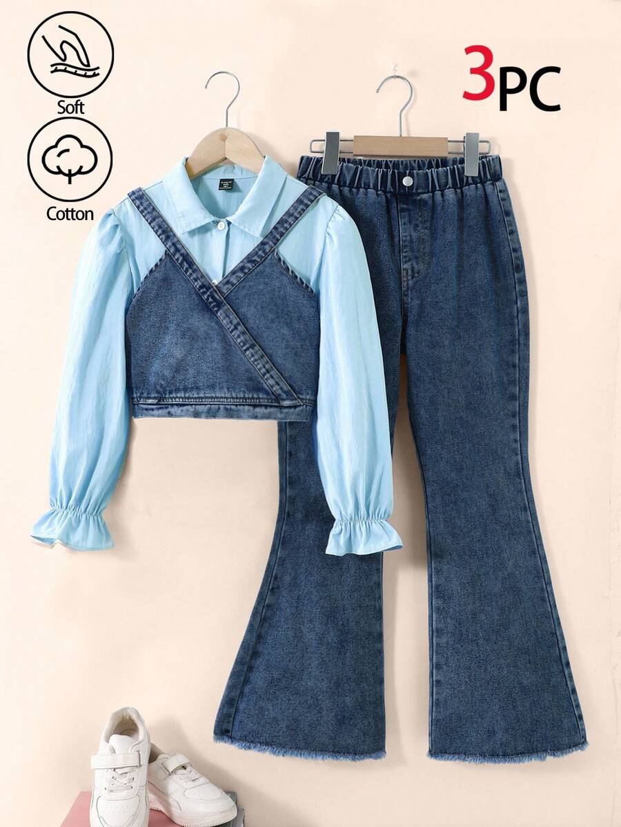 Tween Girls Dark Wash Casual Camisole Top With Elastic Waistband Casual Loose Flared Hem Distressed Jeans With Handmade Beaded Decor, Fashionable & Versatile For Daily Wear - Dark Wash - View 1