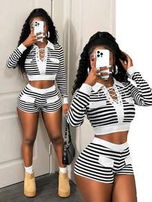 BamGleam 2 Stück/Set Damen Lässig gestreifter Kontrast Farbe Schnürung Kragen Langarm Top und Shorts, Neue Herbstmode, 2025 Neue Eisseide Bluse + Schnelltrocknende Shorts Set Damen lässiger Stil Dopamin Tragen kann außerhalb getragen werden Hauskleidung Herbstkleidung für Frauen - Schwarz und Weiss - Übersicht 1